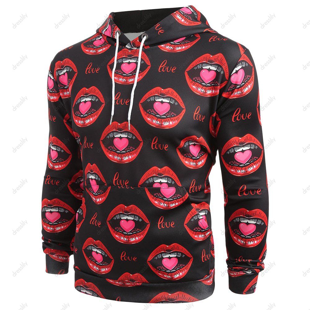 

Valentine∠s Day 3D Lips Print Pullover Hoodie, Black