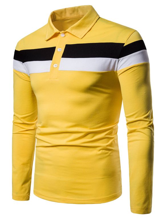 Chemise Rayée Boutonnée Contrastée à Manches Longues - Jaune XL