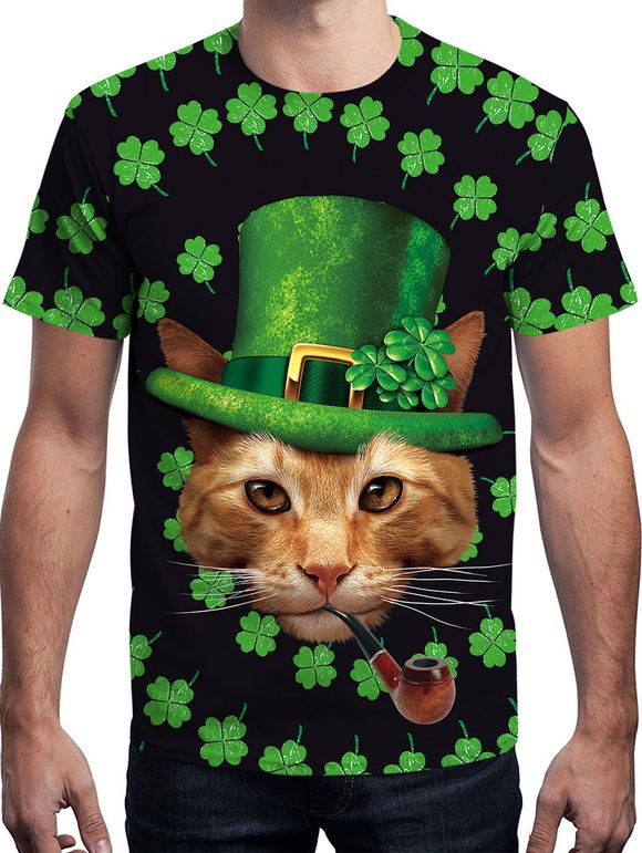 T-shirt à manches courtes avec motif de chat et trèfle à quatre feuilles - multicolor S