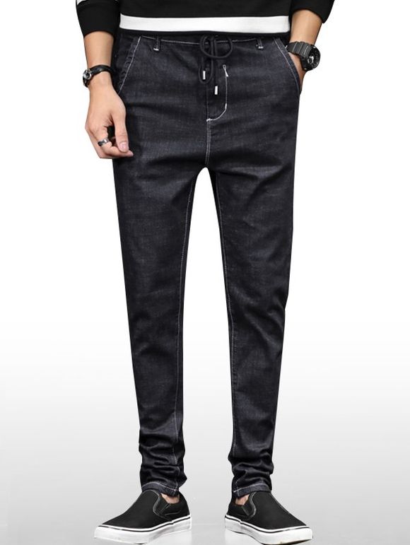 Jeans en denim avec poches zippées et cordon de serrage - Noir 38