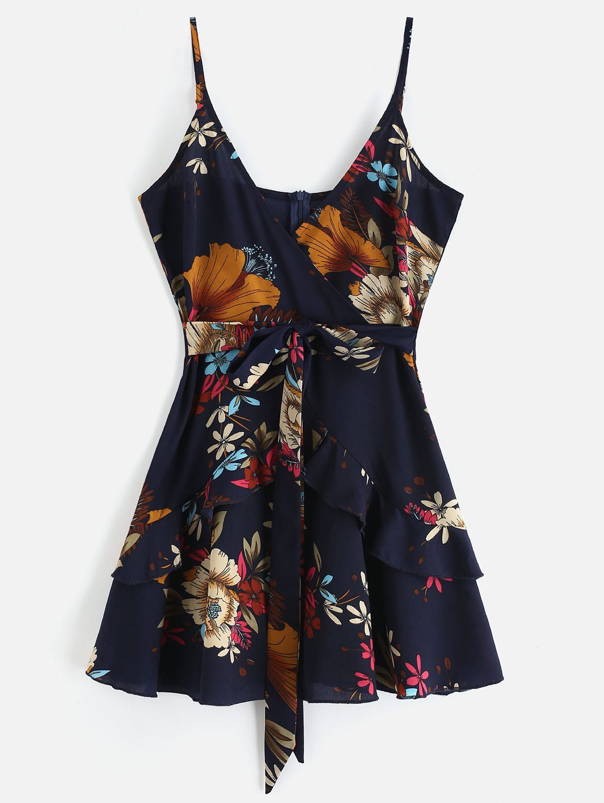 

Floral Frilled Knotted Mini Dress, Midnight blue