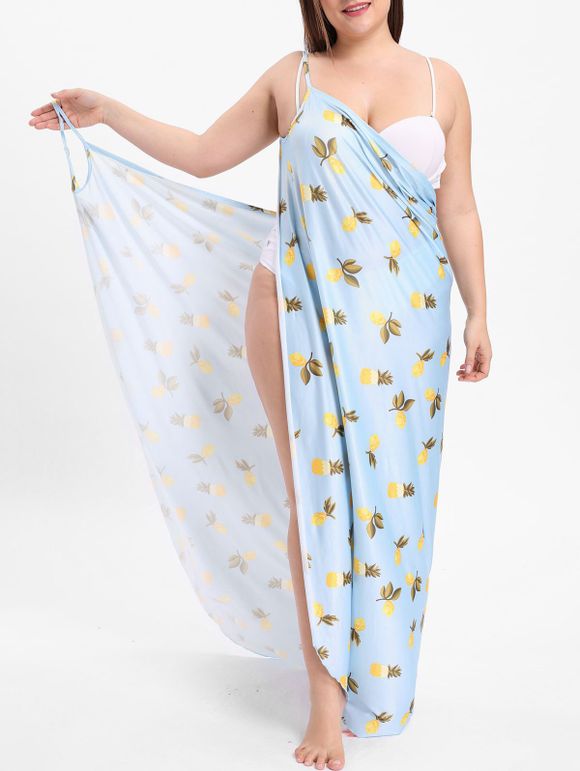Robe Couverte Ananas Imprimé de Grande Taille - Bleu Lys Pâle 5X