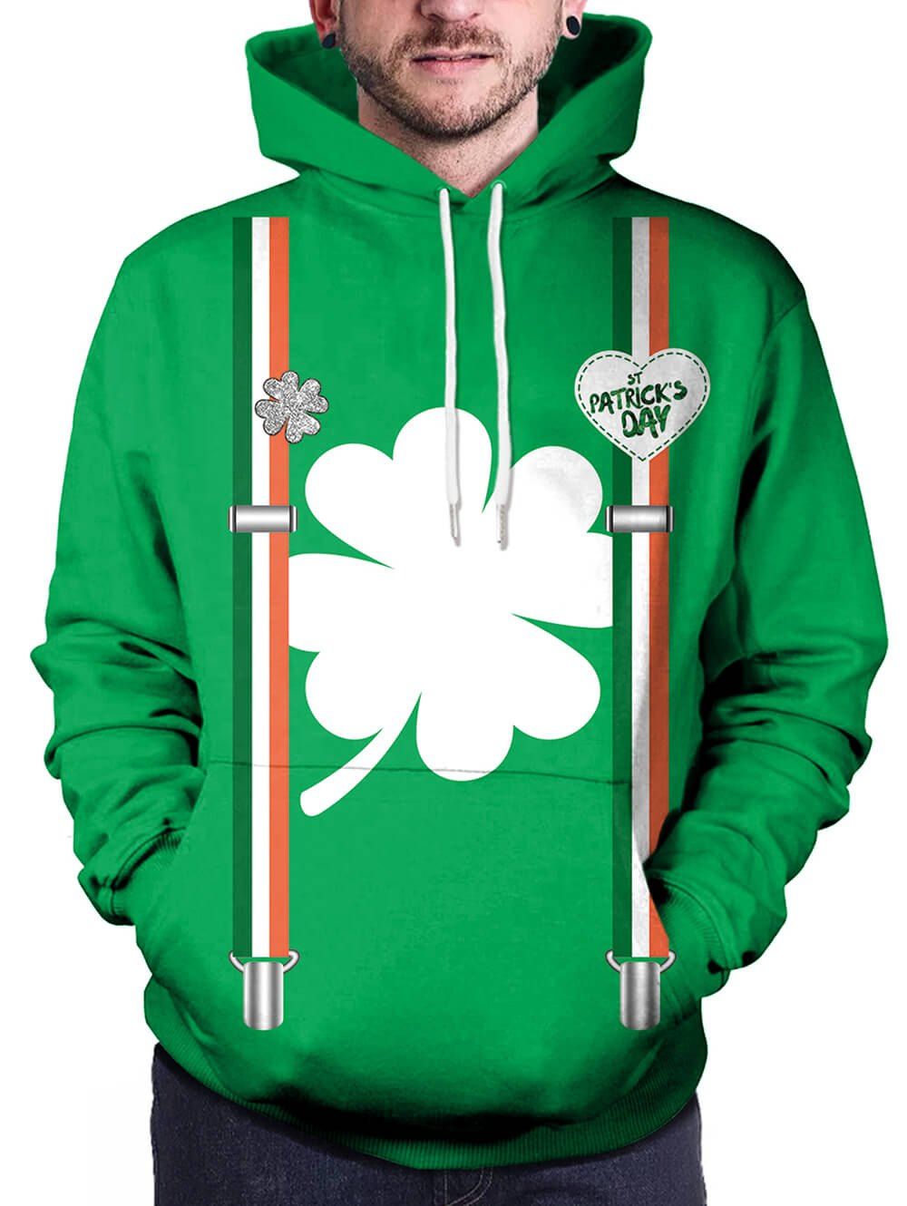 

Pullover Clover Print Pocket Hoodie, Green