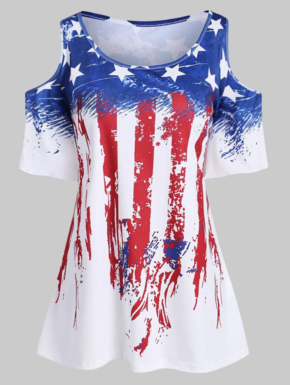 T-shirt Drapeau Américain à Manches Evasées de Grande Taille - Blanc 1X
