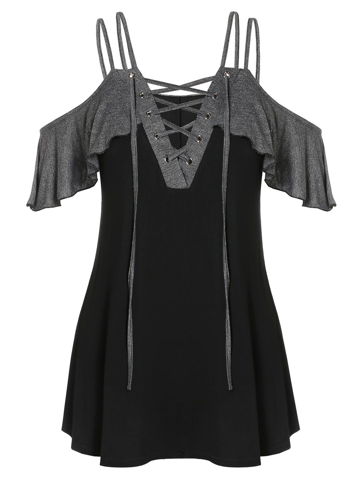 

Open Shoulder Lace Up Plus Size T-shirt, Black