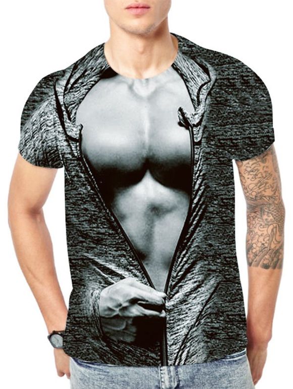T-shirt 3D Muscle Fausse Veste Imprimé Graphique Amusant - Noir 2XL