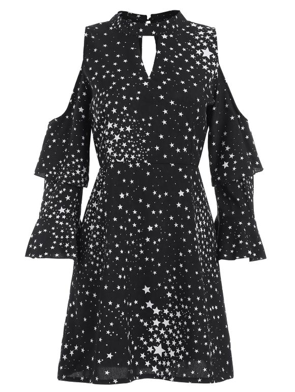 Mini-Robe Découpée Etoile Imprimée à Epaule Dénudée - Noir L