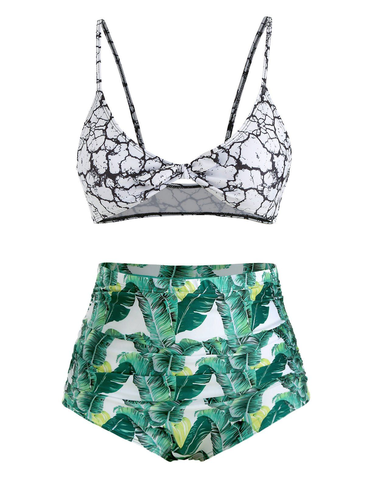 

Plus Size Marble and Leaf Print Padded Bikini Set, Multi