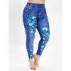 Legging Papillon Imprimé Taille Elastique Grande Taille - Bleu Marine 5X