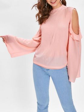 Flounce Pleated Blouse with Cold Shoulder