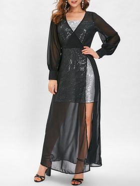 Sequins High Slit Sheer Maxi Dress