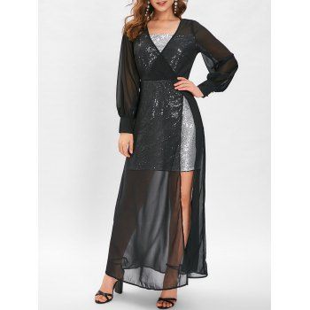 

Sequins High Slit Sheer Maxi Dress, Black