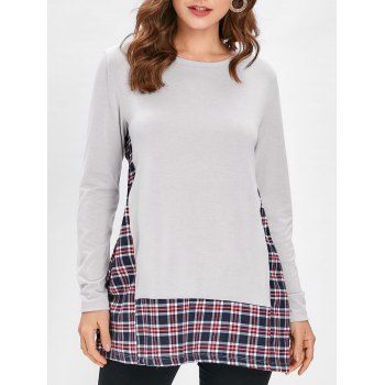 

Checked Panel Round Neck Top, Gray