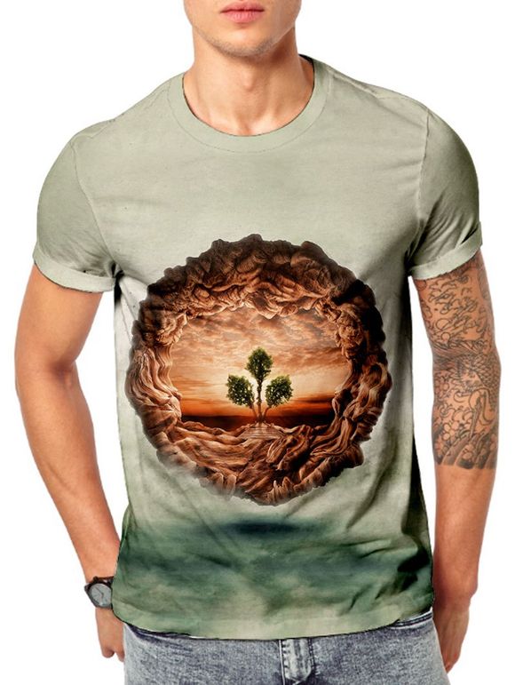 T-shirt 3D Arbre de Vie Imprimée à Manches Courtes - Vert Foncé de Mer 2XL