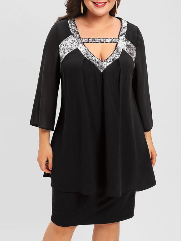 Robe Superposée Découpée de Grande Taille à Paillette - Noir L