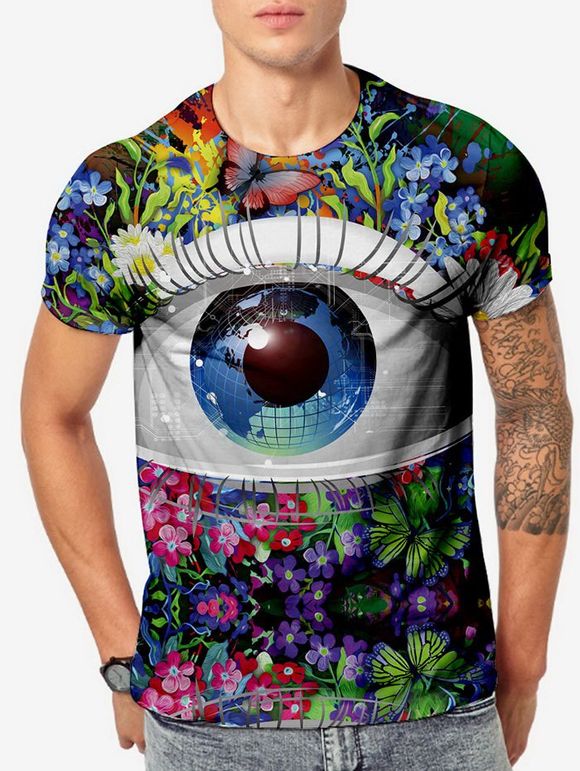 T-shirt 3D Fleur Imprimée à Manches Courtes - multicolor M