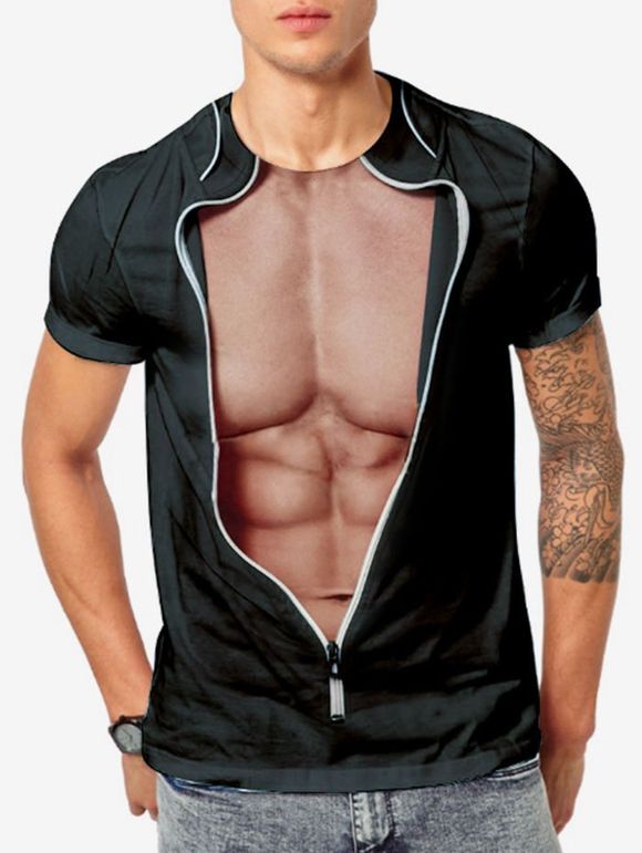 T-shirt Muscle Fausse Veste Imprimé Amusant à Manches Courtes - Noir 2XL