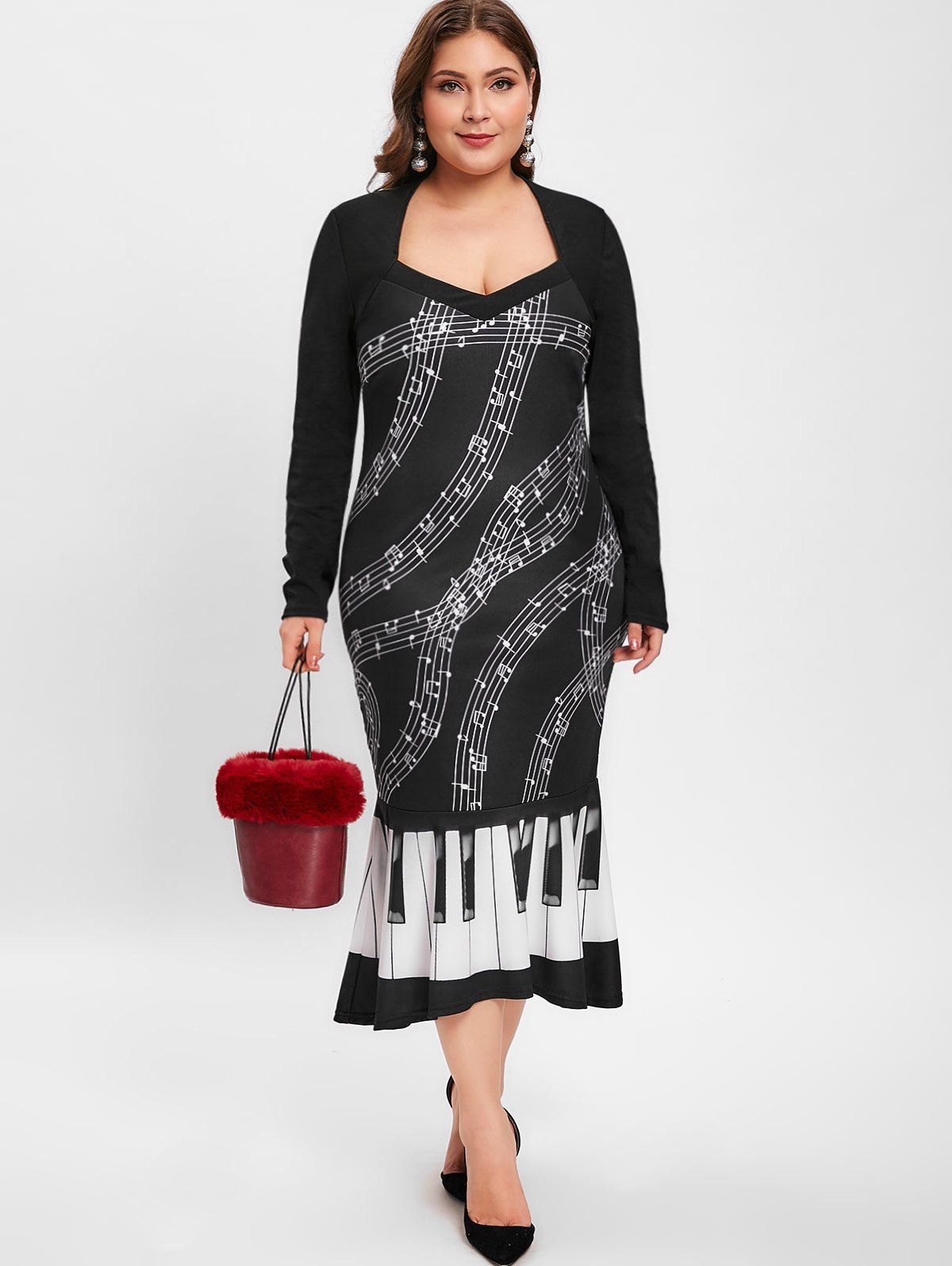 Plus Size Sweetheart Neck Music Note Print Party Dress - BLACK 1X