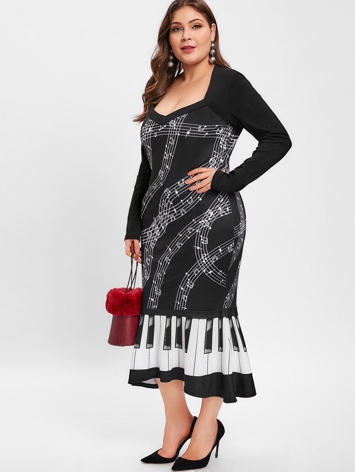 Plus Size Sweetheart Neck Music Note Print Party Dress - BLACK 1X