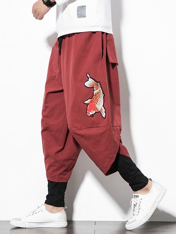 Pantalon Sarouel Koi Imprimé Fausse Deux Pièces - Rouge Cerise XL
