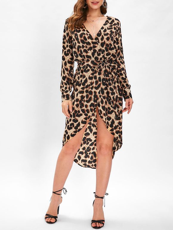 Leopard Print Asymmetrical Wrap Dress - LEOPARD XL