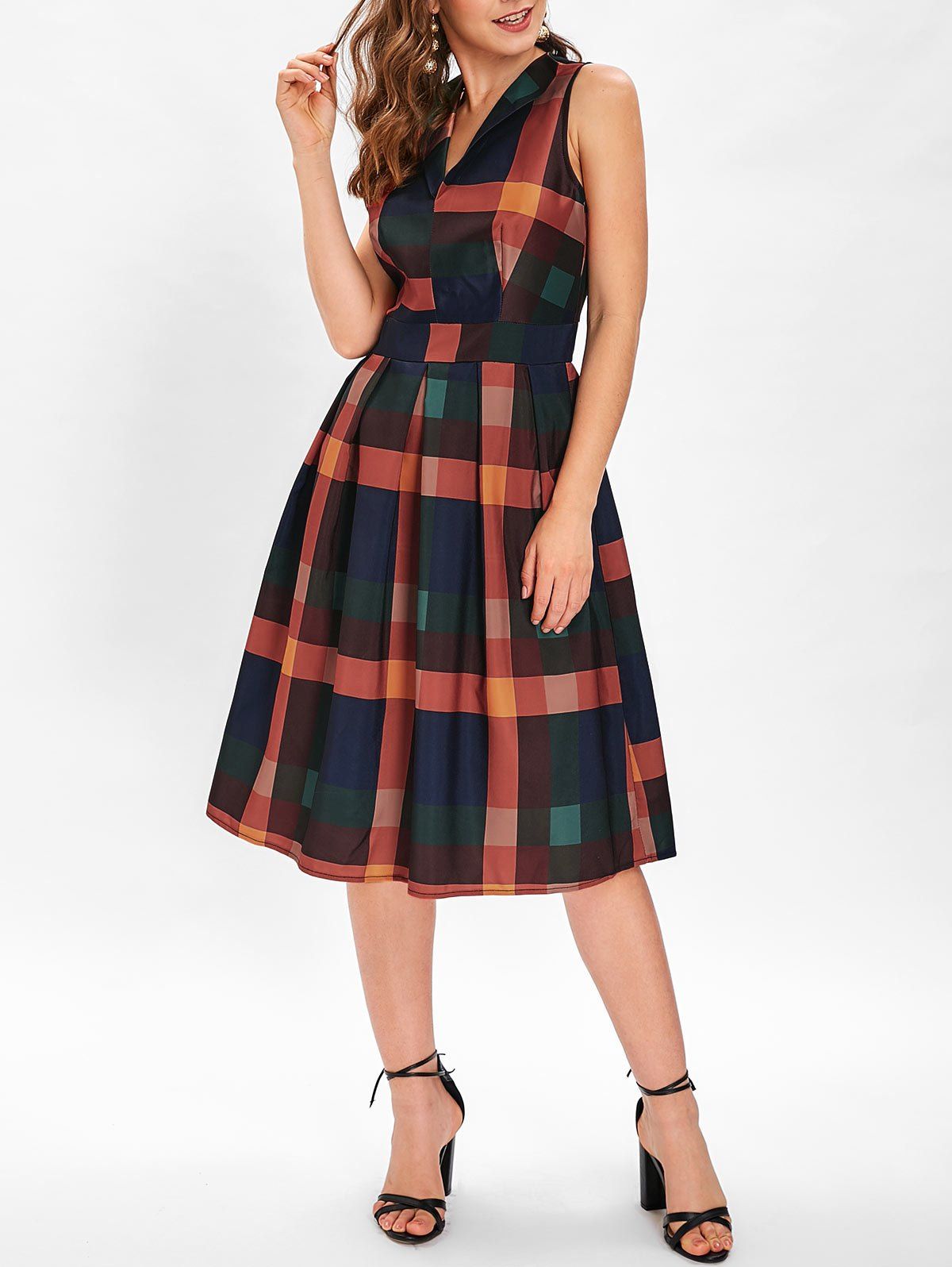 Sleeveless Checked Print A Line Dress - multicolor S