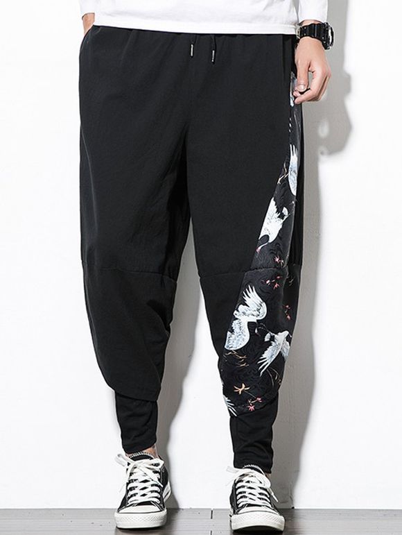 Pantalon Sarouel Elastique Grue Imprimé à Cordon - Noir XL