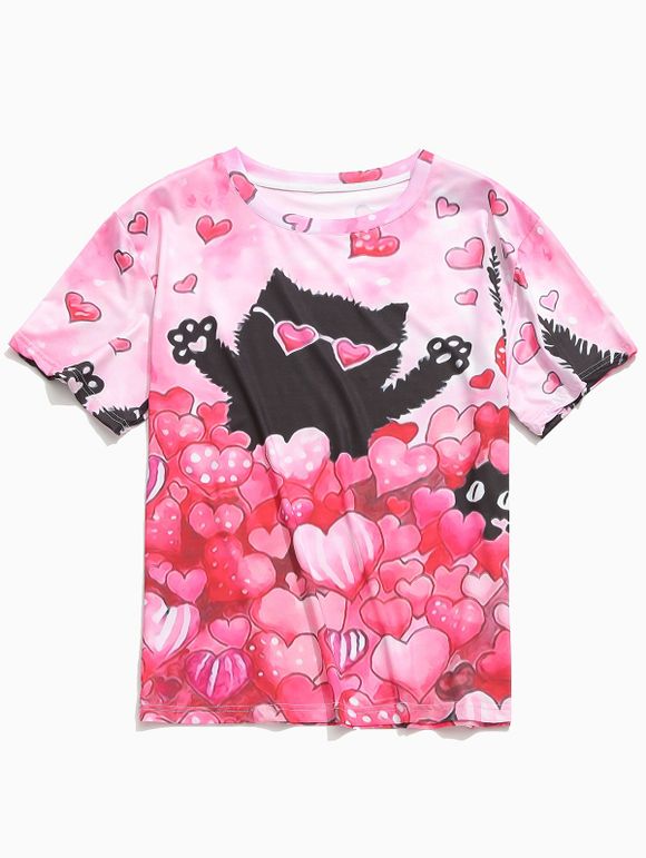 T-shirt Chat Cœur Imprimés à Manches Courtes Saint Valentin - Rose Pastèque XL