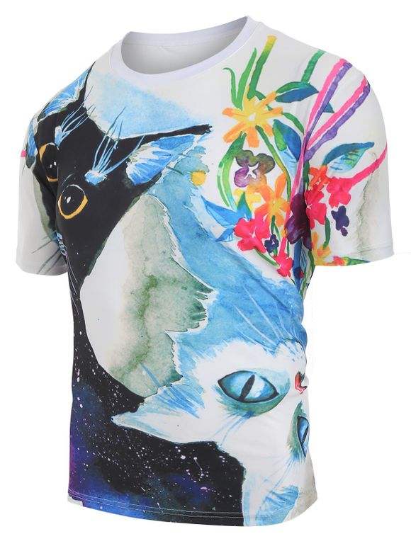 T-shirt Fleur Chat et Galaxie Imprimés à Manches Courtes - multicolor 2XL