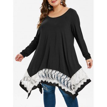 

Lace Trim Handkerchief Hem Plus Size T-shirt, Black
