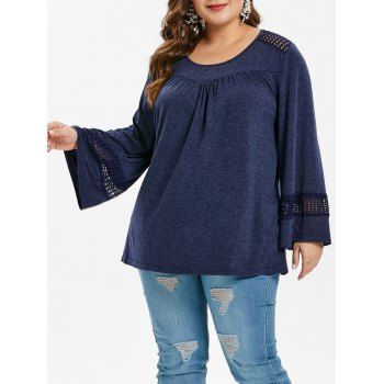 

Plus Size Long Sleeve Lace Crochet T-shirt, Lapis blue