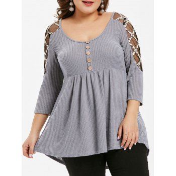 

Plus Size Mesh Insert Peplum Henley Tee, Gray goose