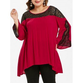 

High Low Lace Insert Plus Size Blouse, Red wine