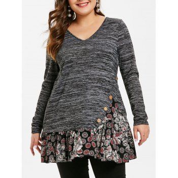 

Plus Size Buttoned Mesh Splicing T-shirt, Carbon gray