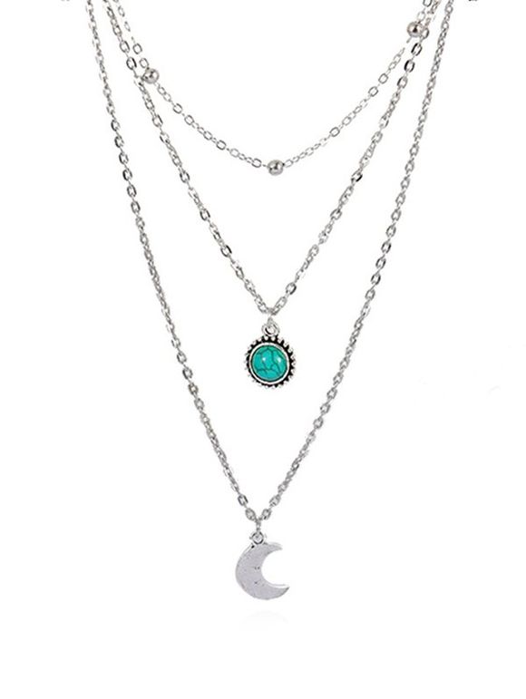 Collier Chaîne de Chandail Superposé en Forme de Lune en Turquoise - Argent 