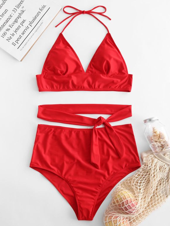 Ensemble de bikini rembourré à taille haute solide - Rouge 4X