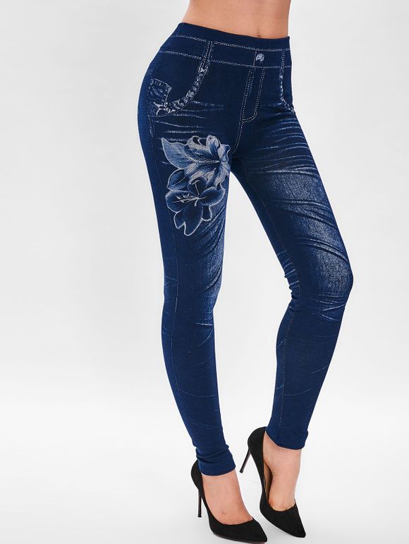 Pantalon en Tricot Imprimé à Taille Haute - Bleu Foncé Toile de Jean ONE SIZE
