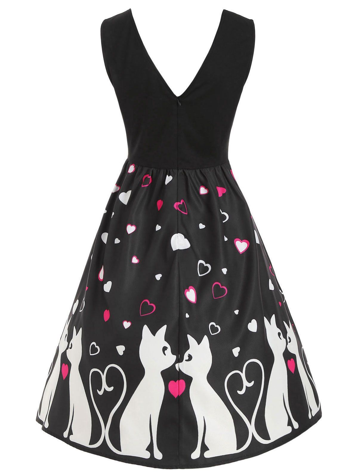 [60% OFF] 2020 Valentine Heart Cat V Neck Dress In BLACK | DressLily