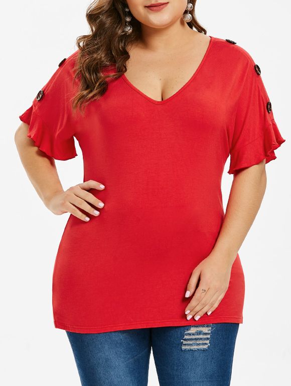 T-shirt Embelli de Bouton Manches à Volants de Grande Taille - Rouge Rubis 5X