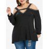 T-shirt Epaule Dénudée en Dentelle Jointive de Grande Taille avec Trou de Serrure - Noir 4X
