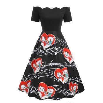 

Valentine High Waist Cats Music Notes Couple Print Scalloped Vintage Dress, Black