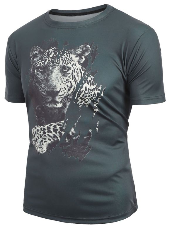 T-shirt 3D Léopard Imprimé à Manches Courtes - Paon Bleu XL