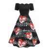 Robe Vintage Festonnée à Imprimé Chat et Notes de Musique Saint-Valetin à Taille Haute - Noir XL