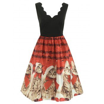 shop online Christmas Cats Musical Notes Print Sleeveless Dress, DRESSLILY,  Gender:Female|Size:XL|Color:RED