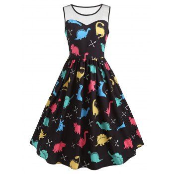 

Cartoon Dinosaur Print Vintage Dress, Black