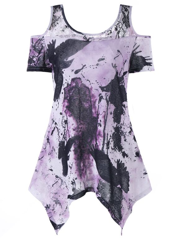 T-shirt Asymétrique Tie-Dye à épaules Nues - Violet clair XL