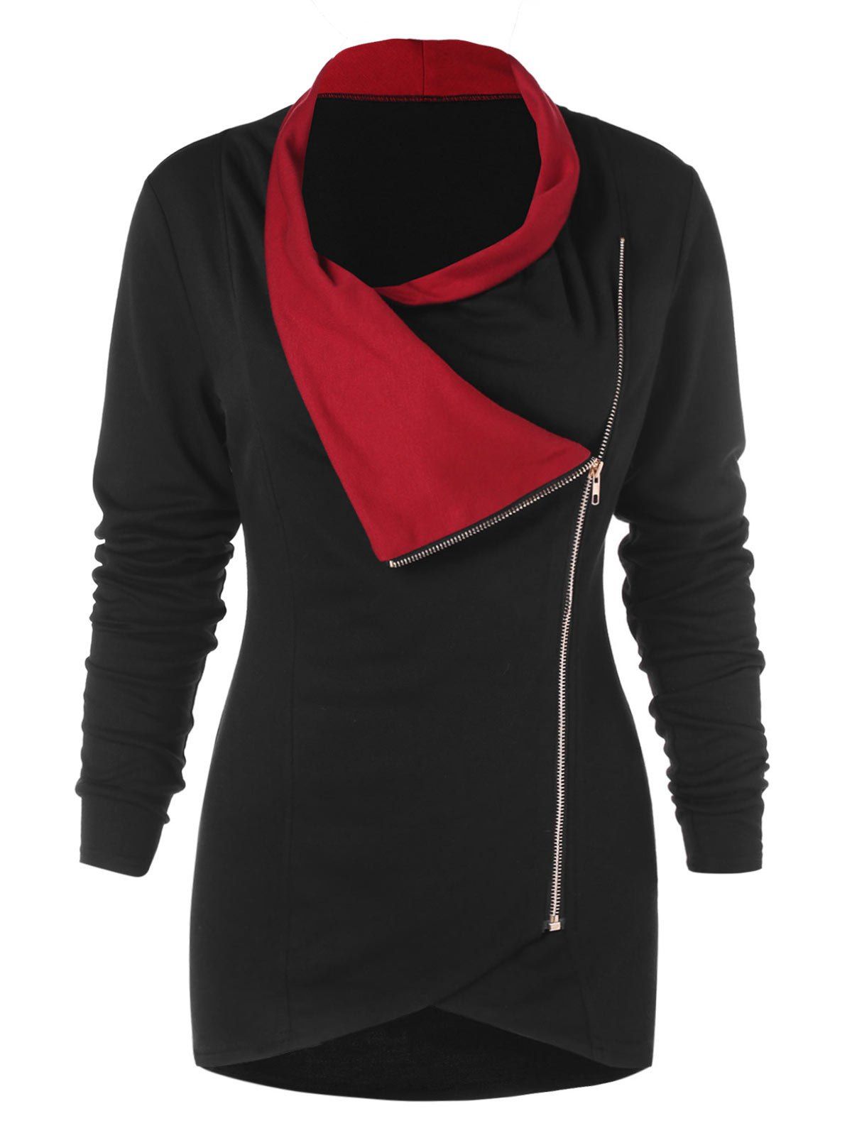 Zipper Embellished Long Sleeve Asymmetrical T-shirt - BLACK 2XL