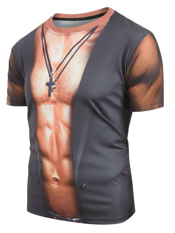 T-shirt 3D Muscle Imprimé à Manches Courtes - Gris Foncé XS