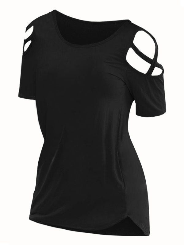 Criss Cross Short Sleeve Solid Tee - BLACK XL