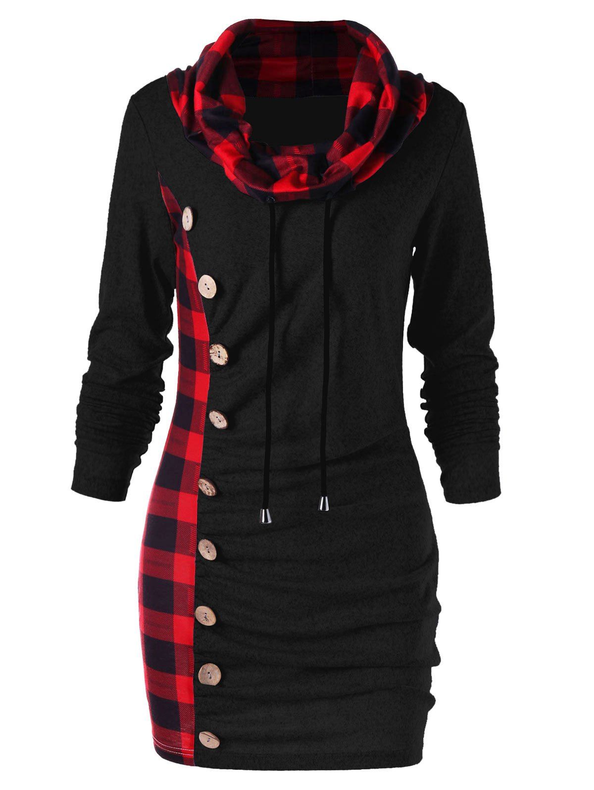 Plaid Drawstring Cowl Neck Tunic Sweatshirt Dress - RED/BLACK L